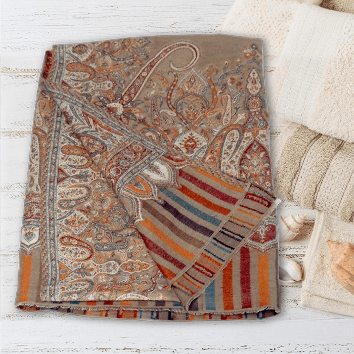 Cashmere Pashmina Shawls with Paisley and Stripe Design