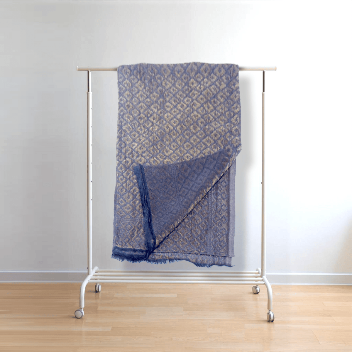 Royal Blue Jacquard Woolen Shawl with Gold Pattern